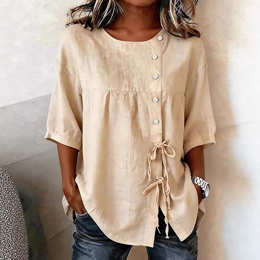 Elegant High End Shirt Lace up Button round Neck Shirt with