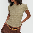 Plaid Pleated Waist Cropped Short Sleeve Top