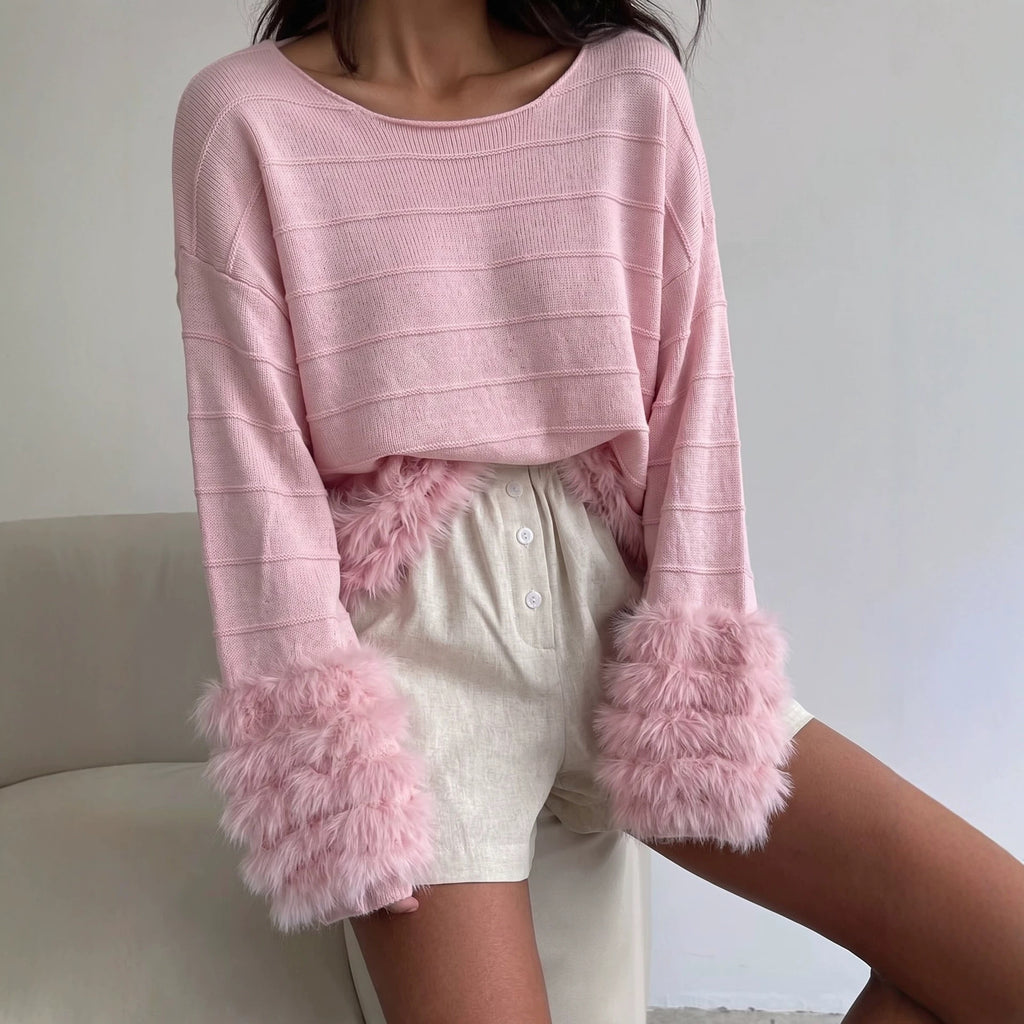 Autumn Winter Tassel Patchwork round Neck Sweater Women