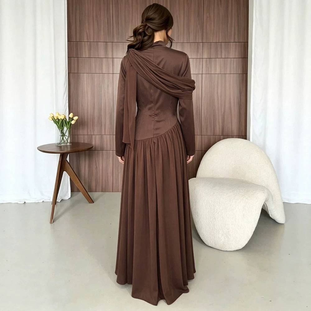 Women's Autumn Solid Color Elegant Satin Ruffled Formal Dinner Long