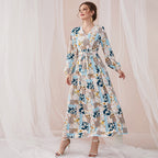 Sweet V-Neck Long-Sleeve Floral-Print High-Waist Lace-Up Maxi Dress