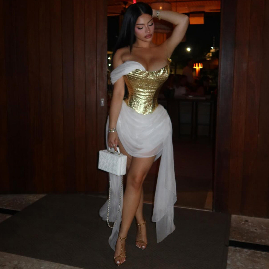 Golden Bright Surface Mesh Stitching Ribbon Dress