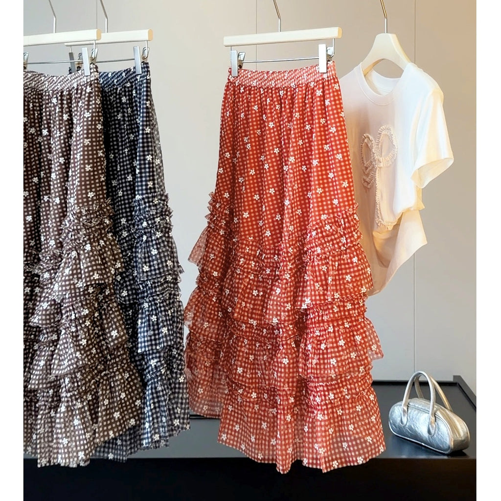 Red tiered A-line mesh skirt with small floral plaid pattern and elastic waistband
