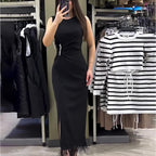 Women's Crew-Neck Rhinestone Fringe Ruched Split Bodycon Maxi Dress