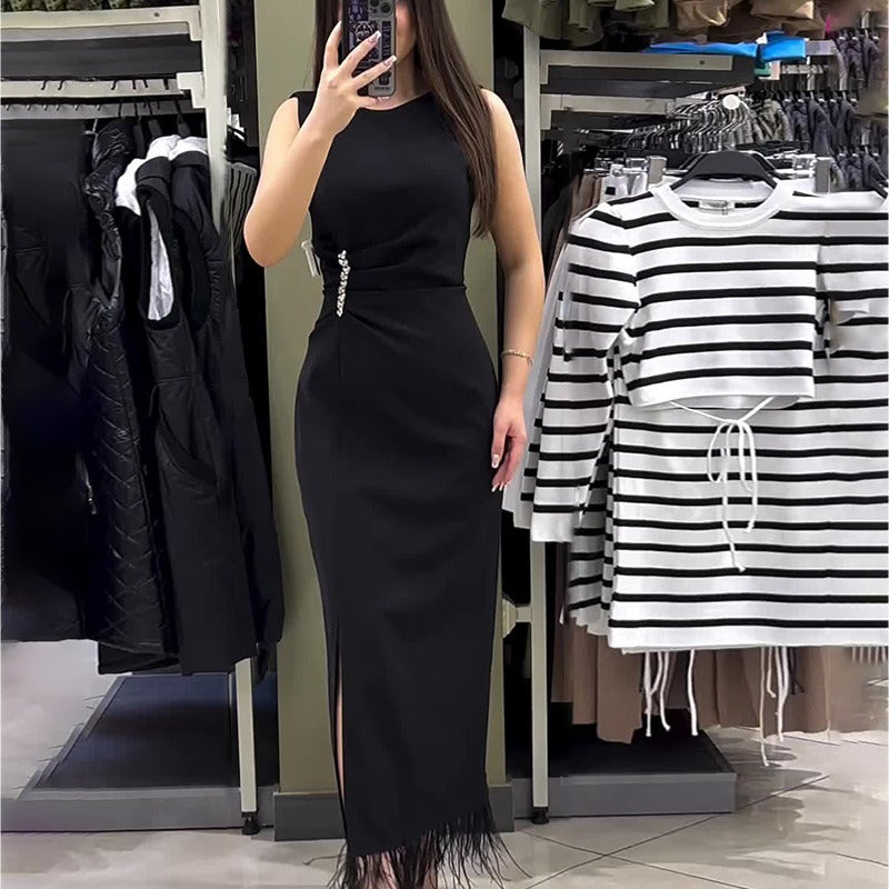 Women's Crew-Neck Rhinestone Fringe Ruched Split Bodycon Maxi Dress