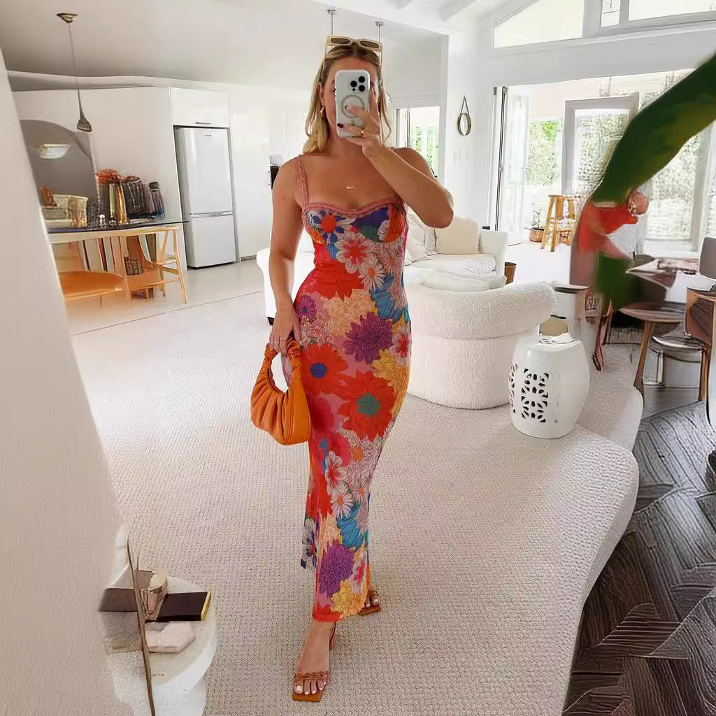 Women's Summer Women Off Neck Floral Printing Slip Dress
