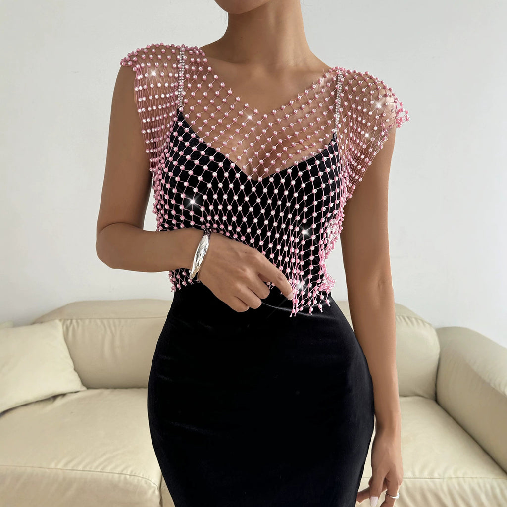 Sexy Cutout Fishnet Rhinestone V neck Party Rhinestone Women Vest