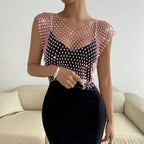 Sexy Cutout Fishnet Rhinestone V neck Party Rhinestone Women Vest