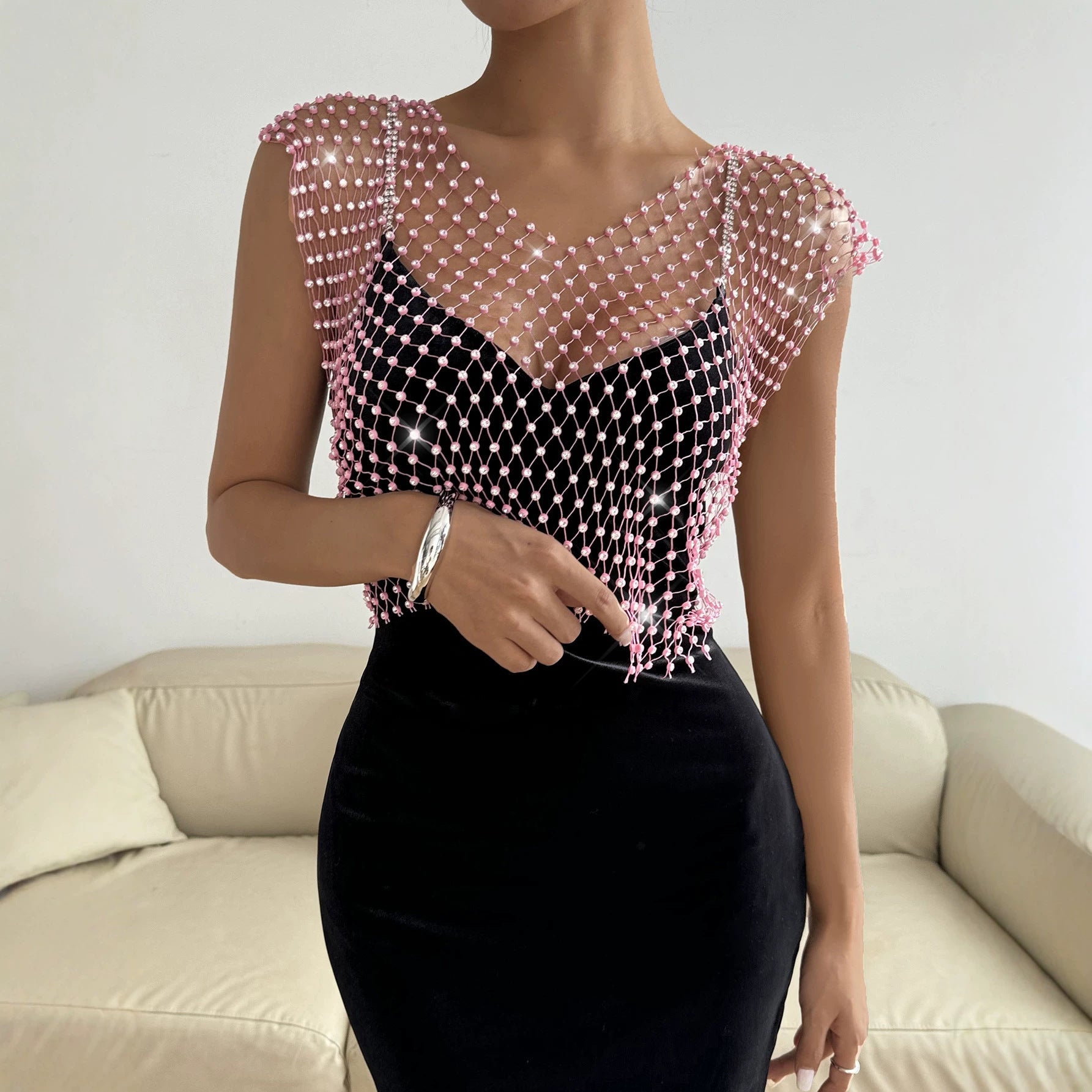 Sexy Cutout Fishnet Rhinestone V neck Party Rhinestone Women Vest