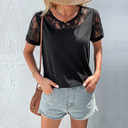 Women's All Matching Elegant Round Neck Lace Short Sleeve Black Top