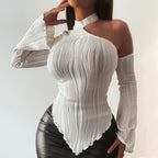 Women's Strip Street Long Sleeve Diagonal Collar Halterneck T-Shirt