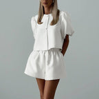 Women Design round Neck Puff Sleeve Top Shorts Two Piece Set