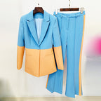 Women's One Button Color Blocking Bell Bottom Pants Two Piece Set