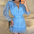 Pleated High Waist Printed Long Sleeve Deep V Plunge Neck Short