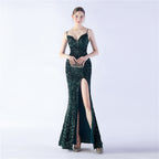 Women's Colorful Sequin Side Slit Long Strap Evening Dress