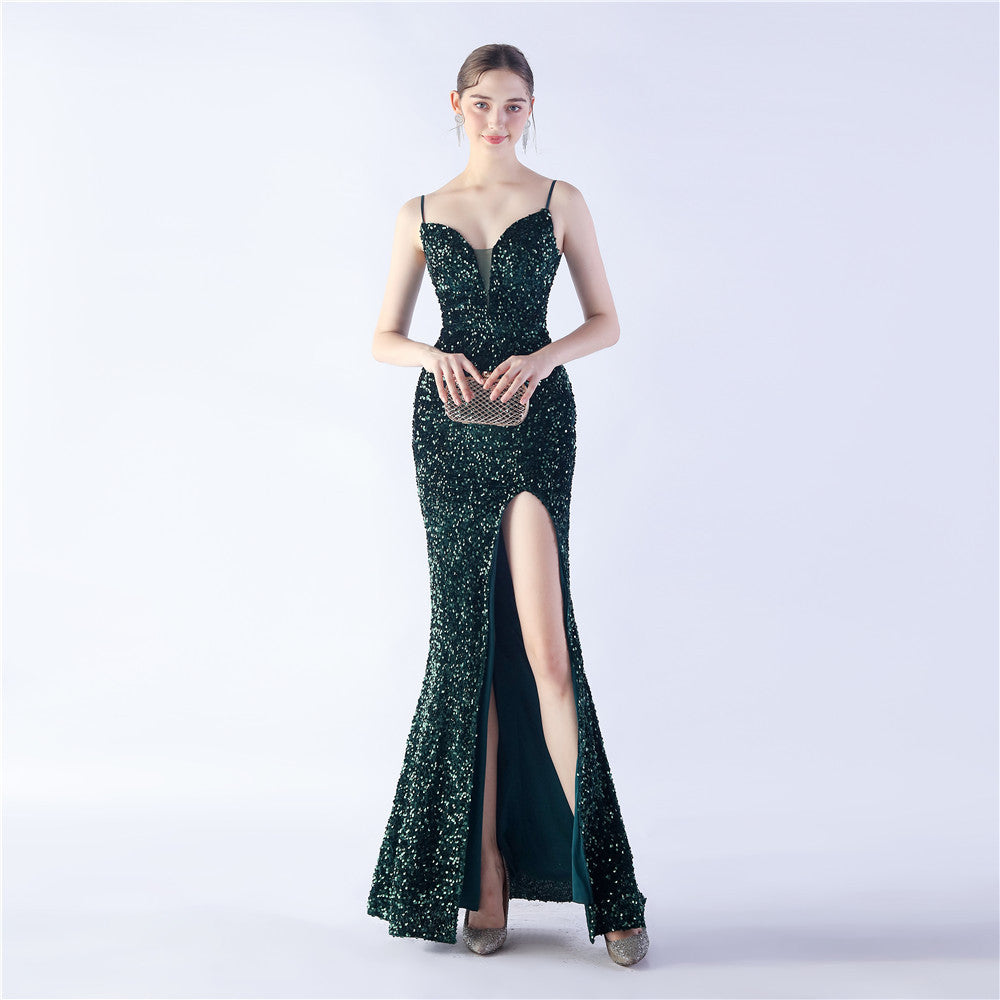 Women's Colorful Sequin Side Slit Long Strap Evening Dress