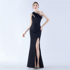 Women's One-Shoulder Feather Cutout Split Bodycon Maxi Dress