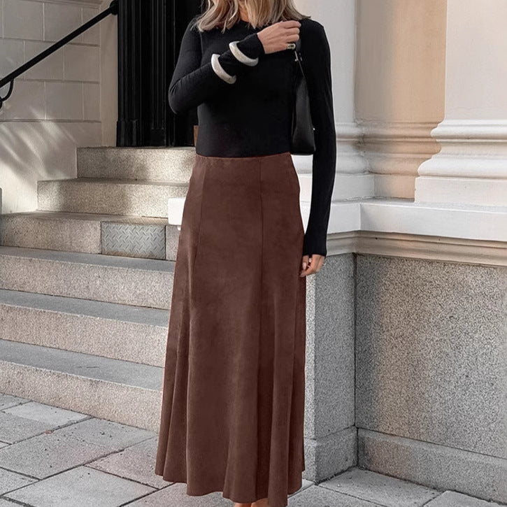 Autumn Winter Retro Knitted Brushed Velvet Khaki Slim Skirt