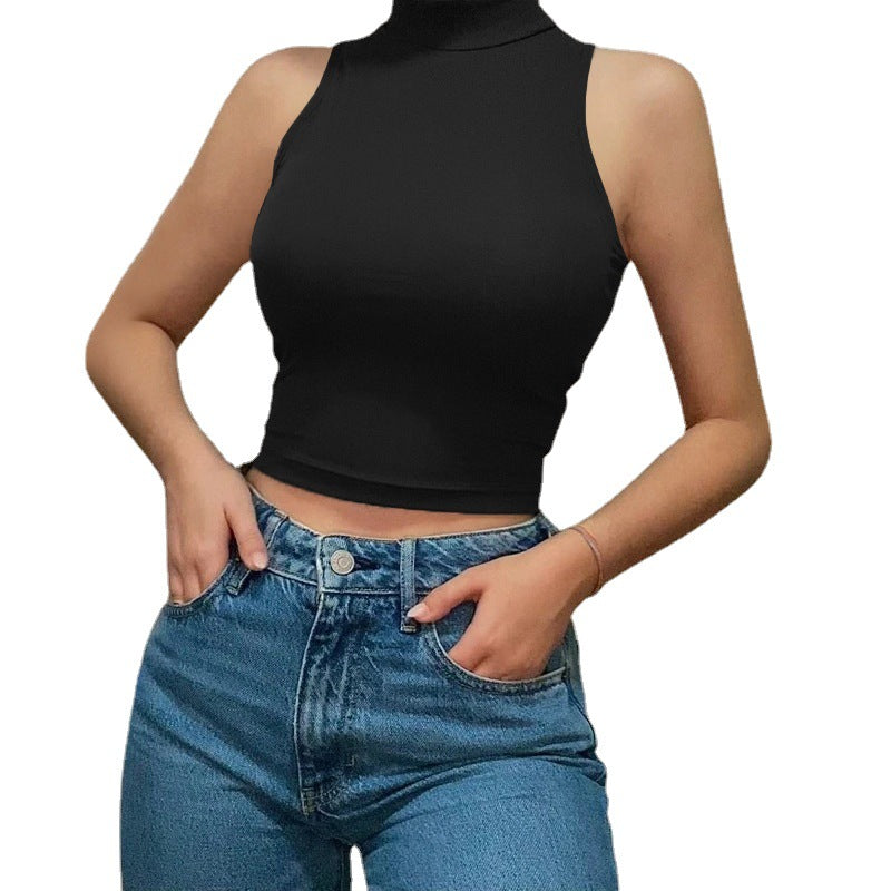Women's Summer New Skinny Short Sleeveless Cotton T-Shirt Women Yoga Sports Inner Half-High Collar Vest