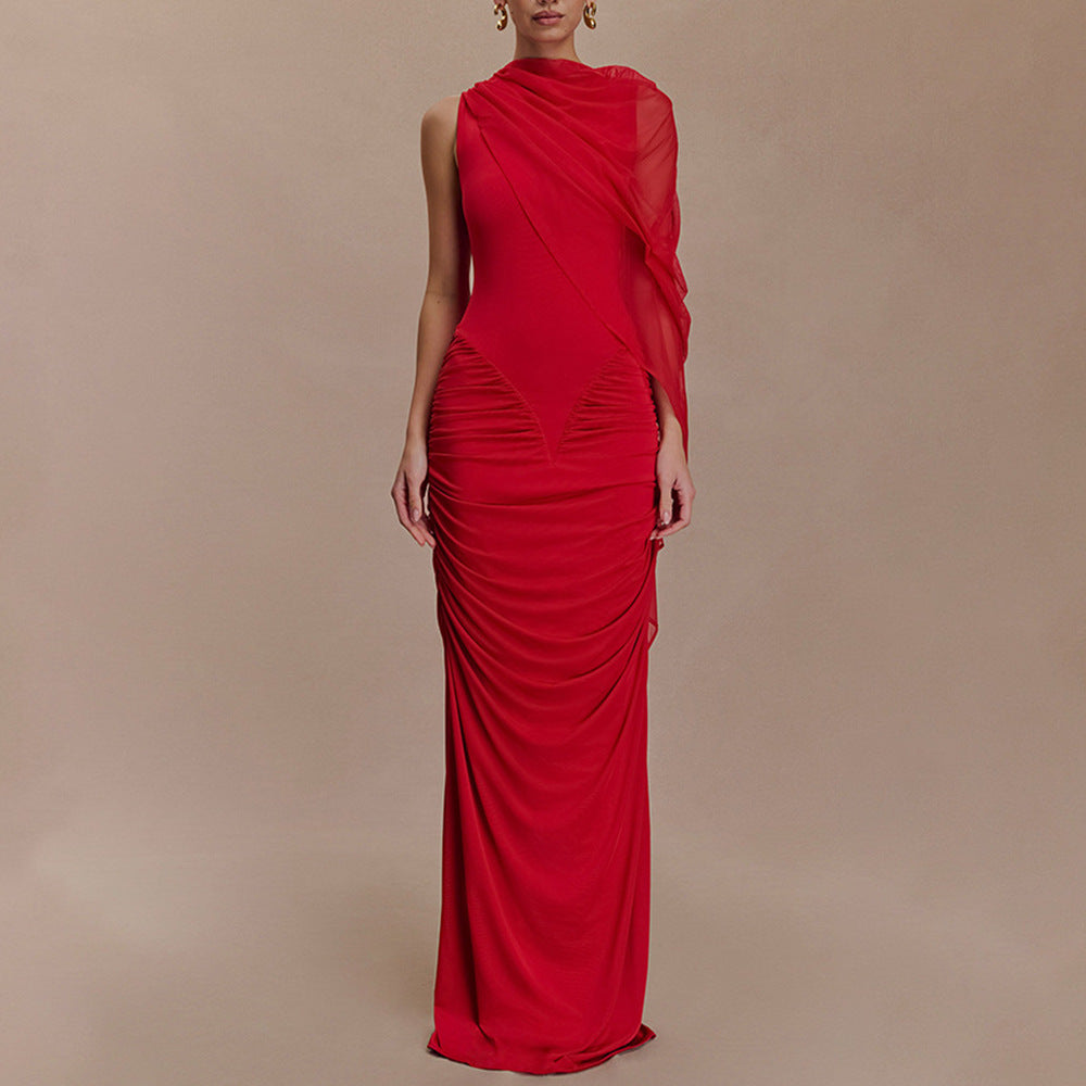 Women's Fashionable Pleated Mesh Shawl Dress Sexy Sheath Round Neck Slim Dress