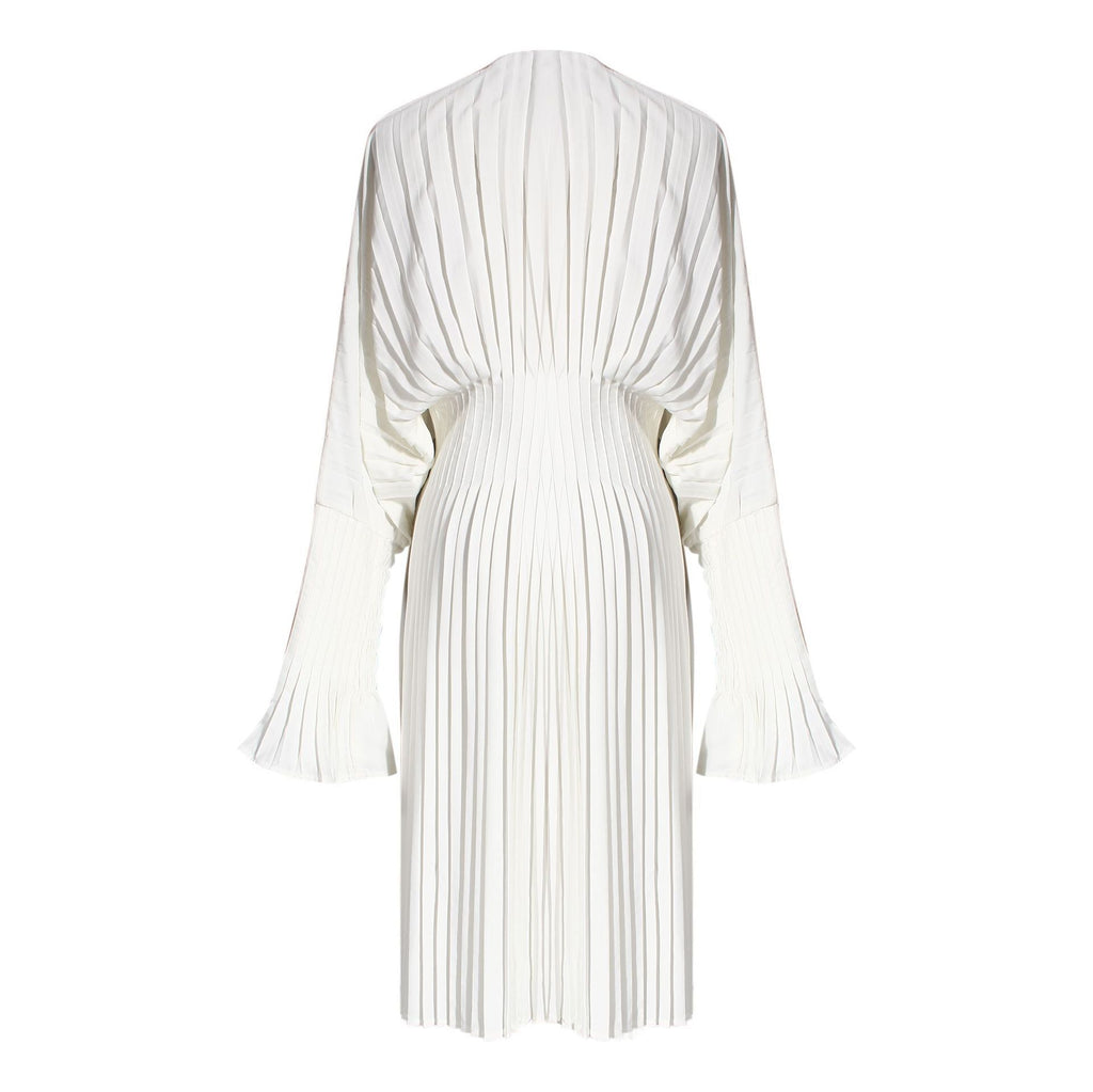 Pleated V-Neck Long-Sleeve Dress