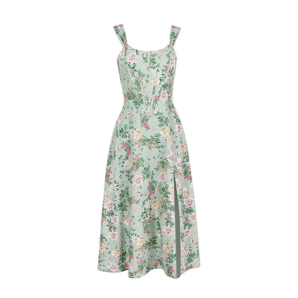 's Boning Corset Cami Dress Backless Slit Midi Floral Dress
