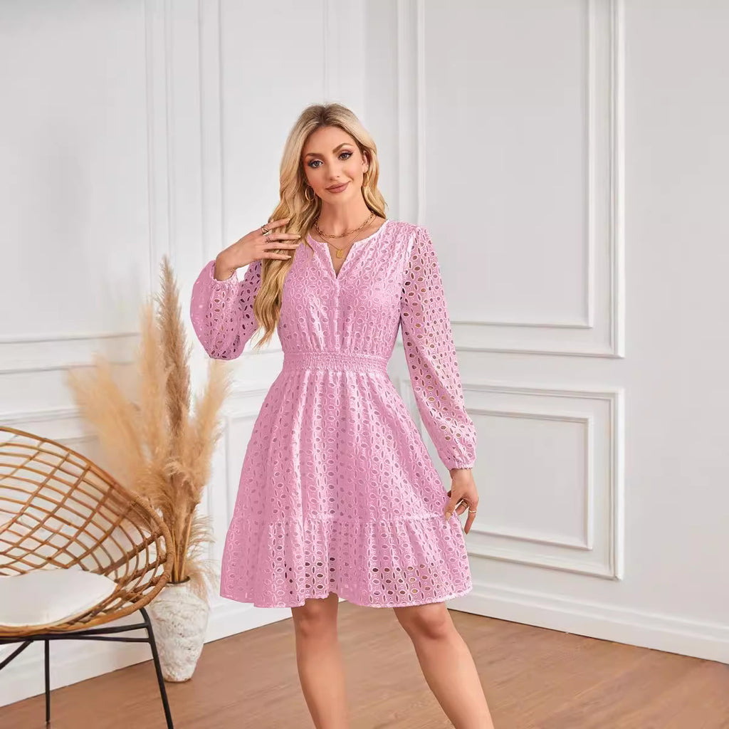 V-Neck Cutout Eyelet Embroidery Pleated Long Sleeve Dress