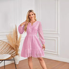 V-Neck Cutout Eyelet Embroidery Pleated Long Sleeve Dress