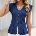 Washed Denim SL V neck Flying Sleeve Fishtail Hem Vest