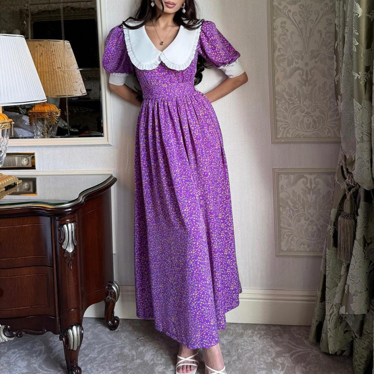 Women's Purple Floral Peter Pan Collar Tie-Neck Dress