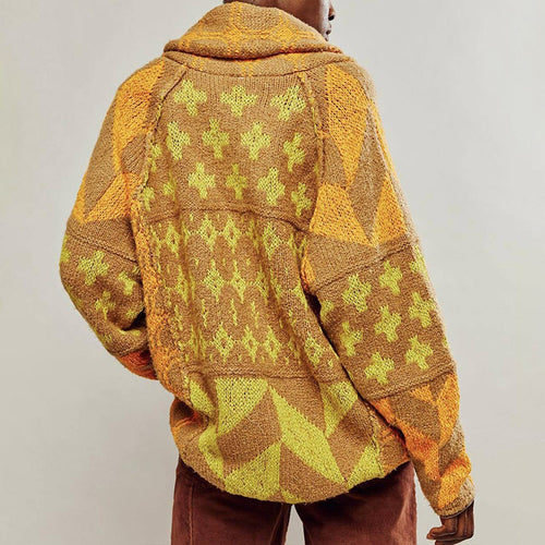 Collared knit sweater, abstract print in turmeric and lime, loose long sleeves