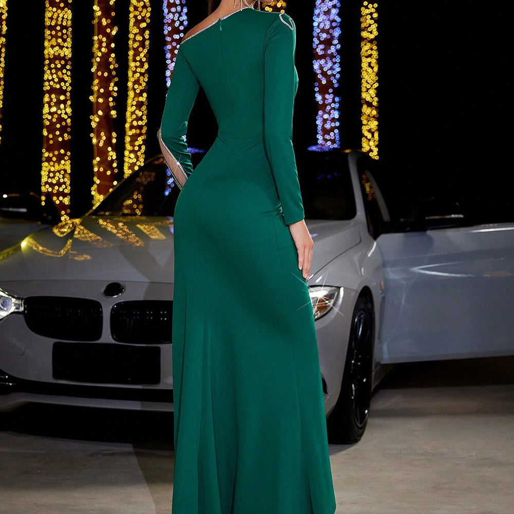 Women's One-Shoulder Sequin Long-Sleeve Maxi Evening Dress