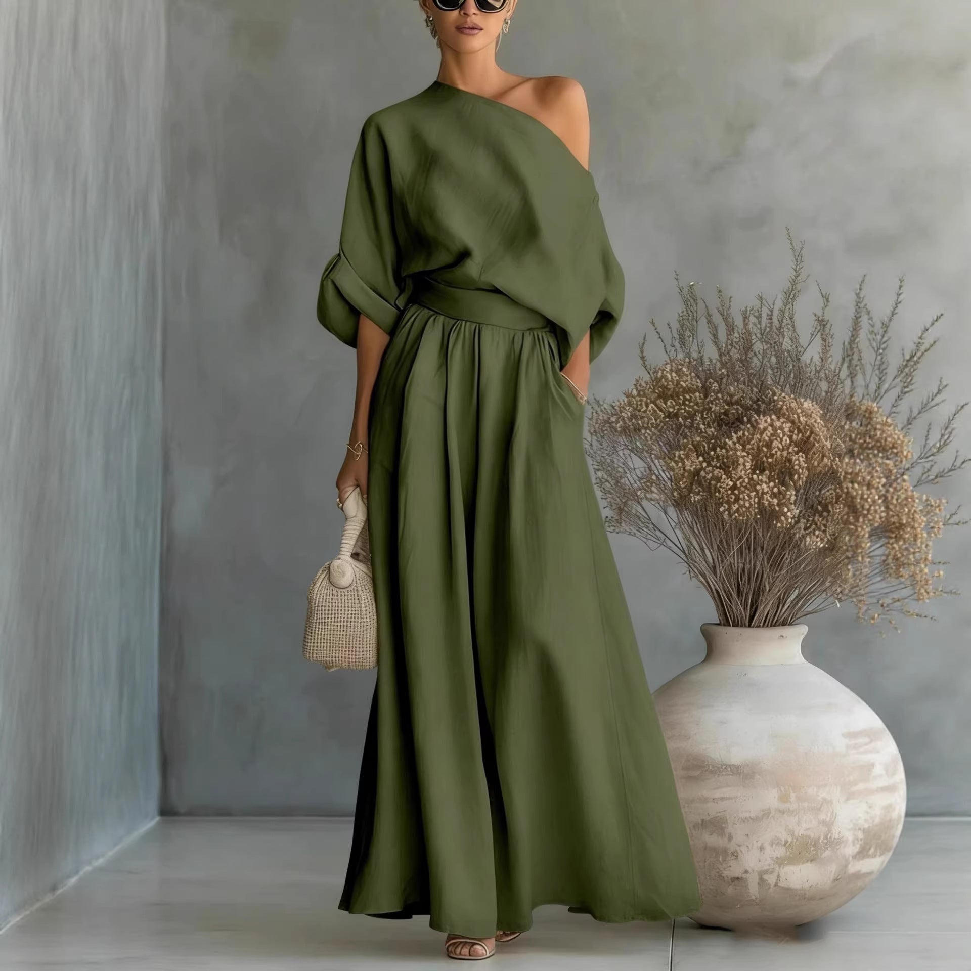 Spring Set Casual Loose Wide Leg Loose off Shoulder Top Two Piece Sets