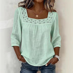Summer Solid Color Casual Square Collar Lace Stitching