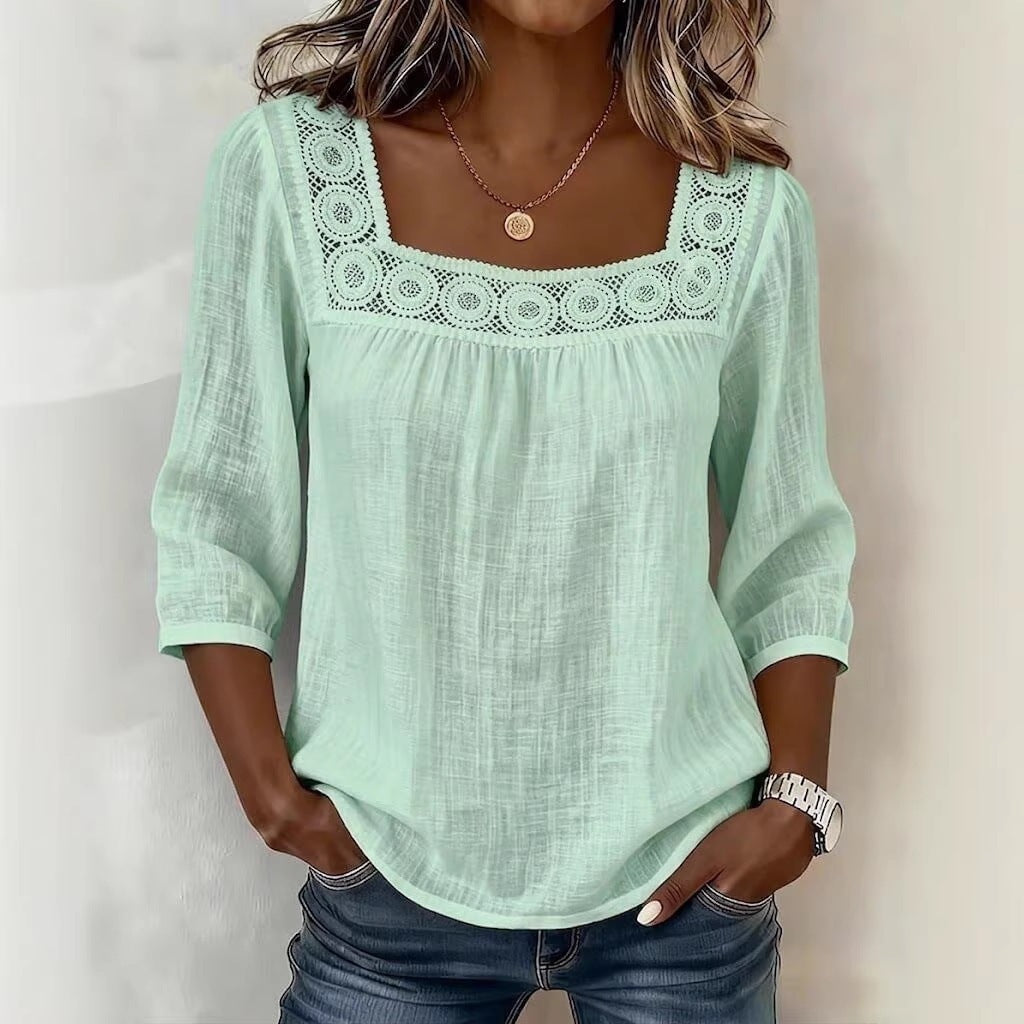 Summer Solid Color Casual Square Collar Lace Stitching