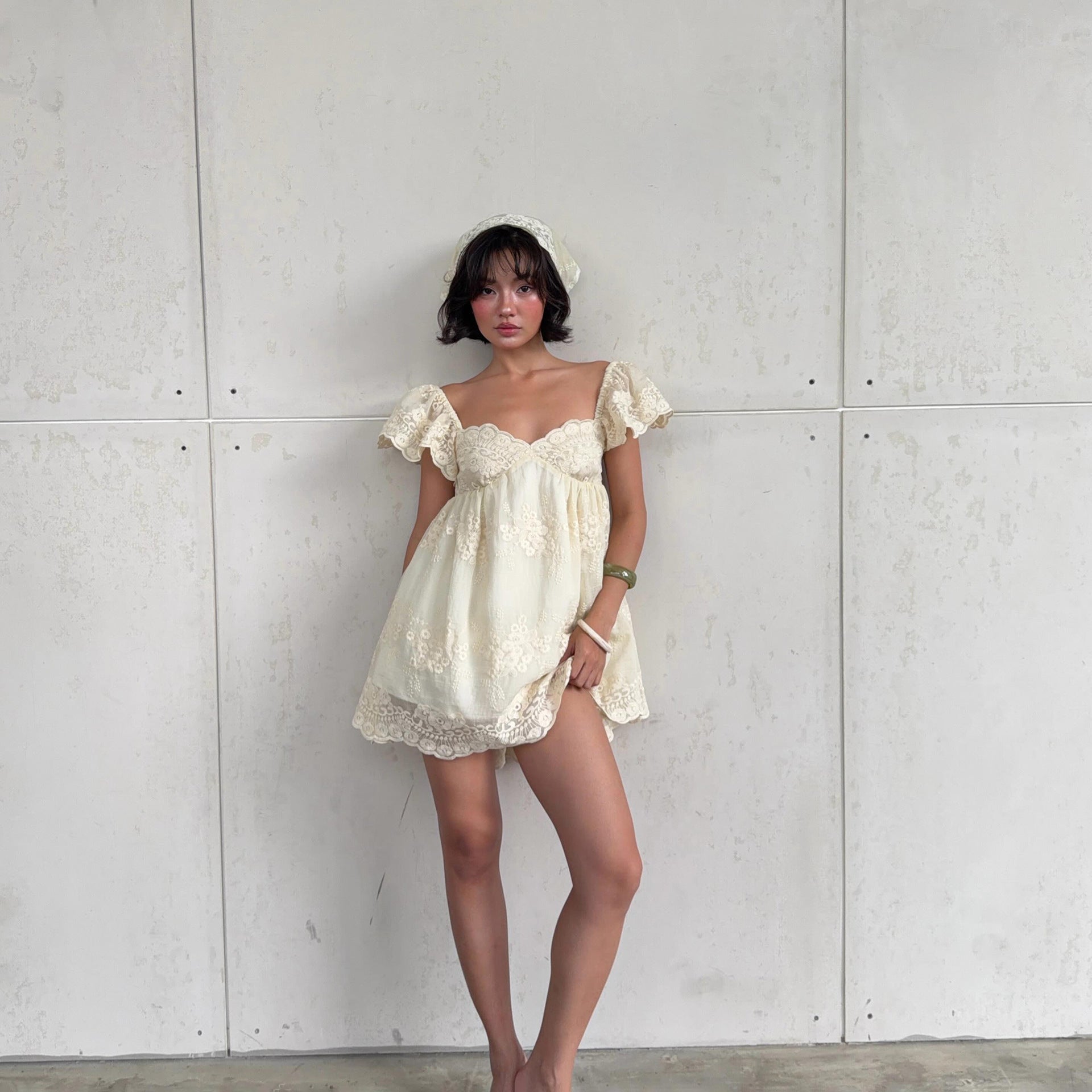 Women's Lace-Embroidered Puff Sleeve Mini Dress