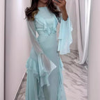 Summer Solid Color Mesh Cutout Off-Neck Show Delicate Dress