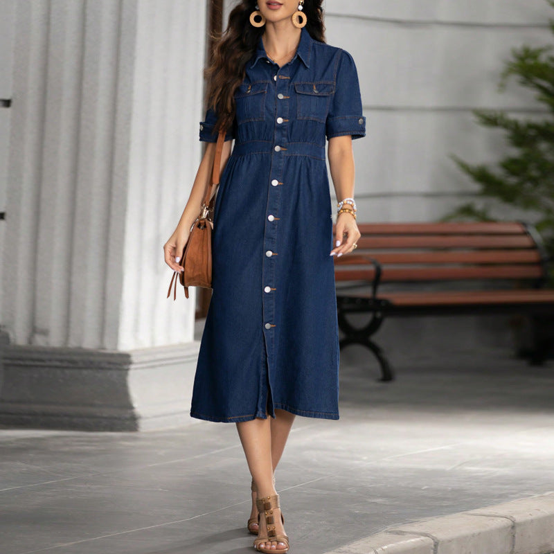 Collared Short-Sleeve Cinched-Waist Denim Dress