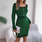 Autumn Winter Elegant Square Collar Button Long Sleeve Sweater Hip Dress W