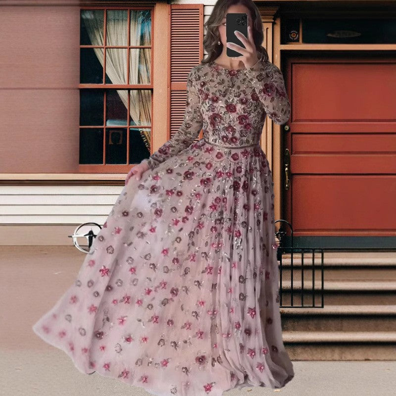 Women’s floral long-sleeve maxi dress, all-over small blossoms and voluminous skirt, multi
