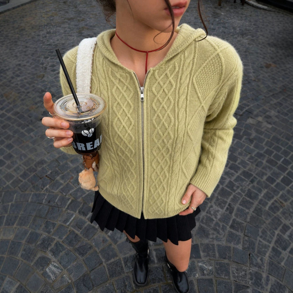 Women's Hooded Diamond-Knit Zip Cardigan