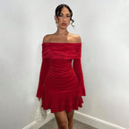 Women's Velvet Off-Shoulder Ruffle Dress