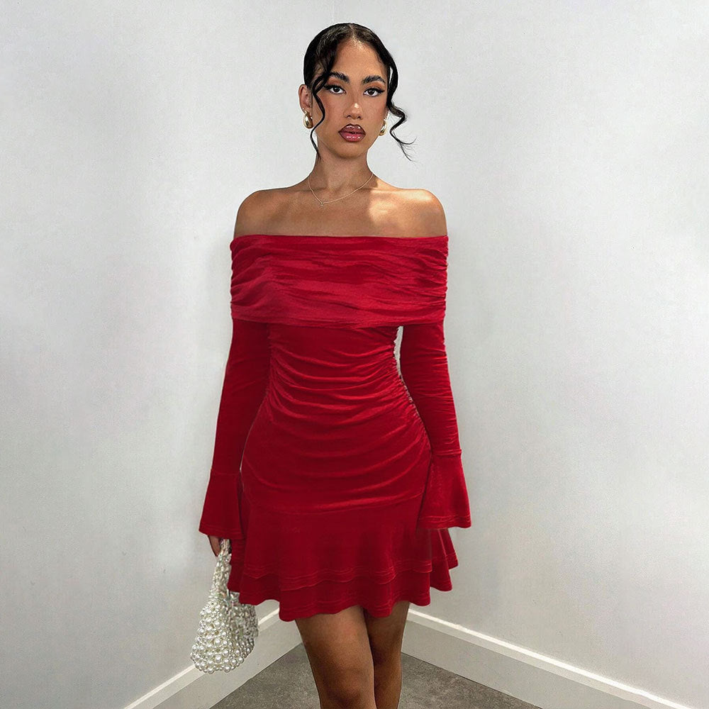 Women's Velvet Off-Shoulder Ruffle Dress