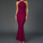 Women's Sequin Mesh Halter Backless Fishtail Maxi Dress
