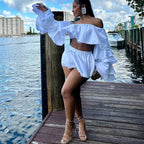 Women's Spring Solid Color Ruffled Sexy Super Top Pleated Skirt Two Piece Set