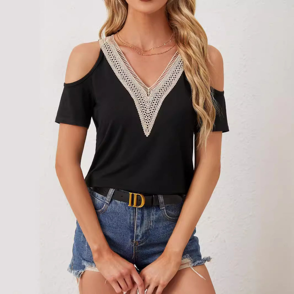 Women's Lace V-Neck Applique Short Sleeve Top