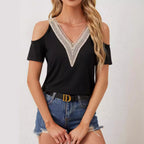 Women's Lace V-Neck Applique Short Sleeve Top