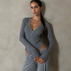 Deep V Button Long Sleeve Top