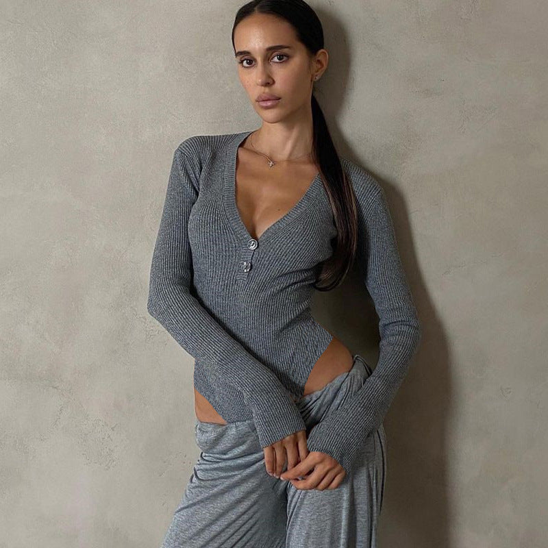 Deep V Button Long Sleeve Top