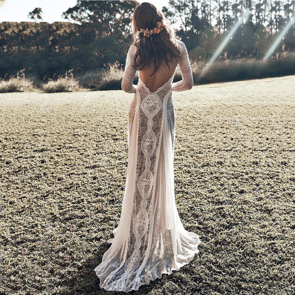 Lace Backless Long Sleeve Bodycon Maxi Dress